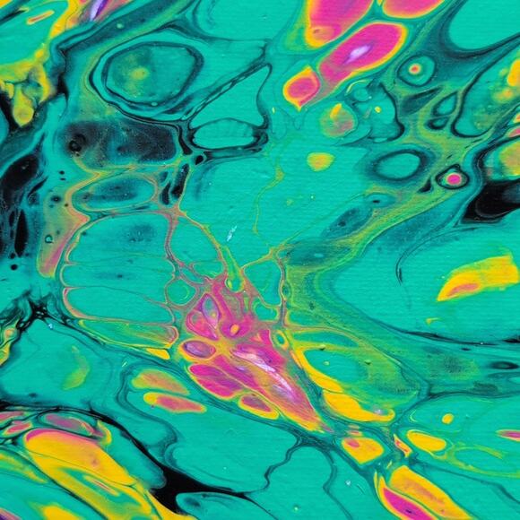 Handmade Acrylic Fluid Art  Bloom Pink Green Purple  Stretched Canvas 10"×10" - Picture 4 of 7